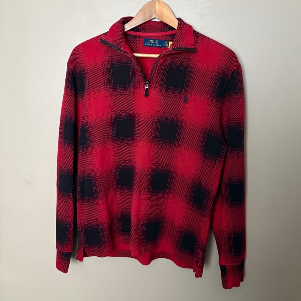 POLO Ralph Lauren Checked Buffalo Plaid Estate Rib Pullover 1/4 zip Sz S EUC